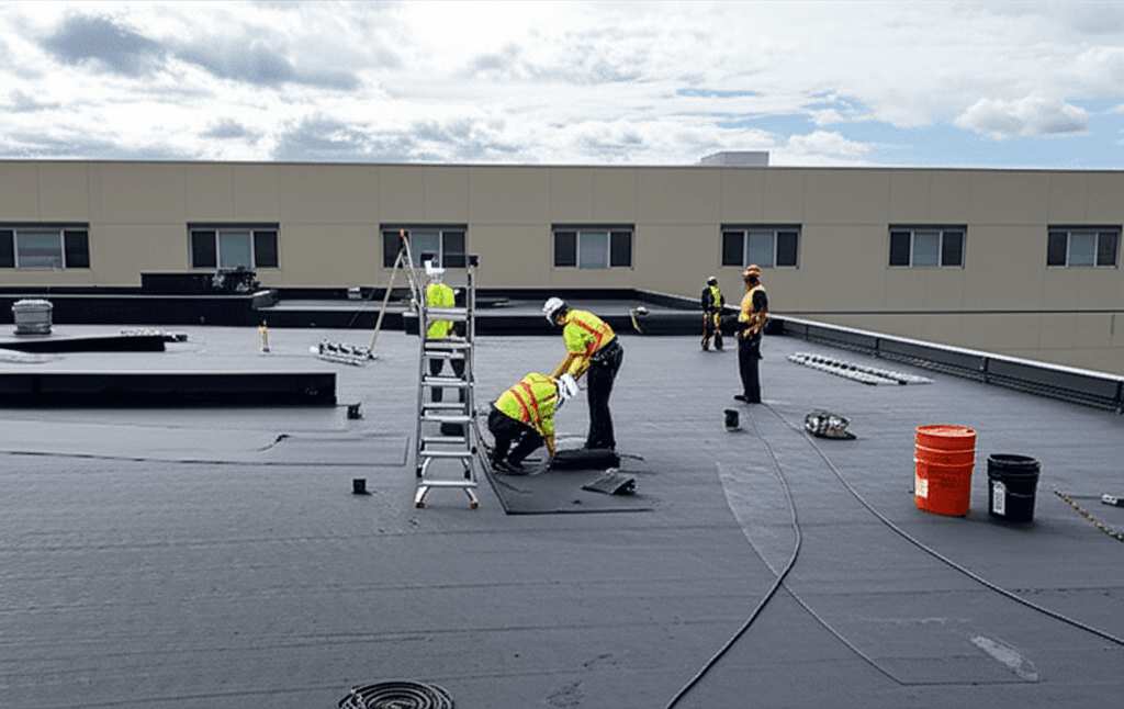 TPO flat roof installation on home addition