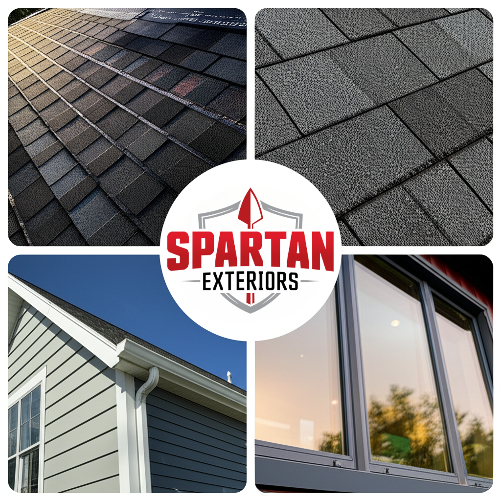 Spartan Exteriors services showcase featuring roofing, siding, and windows